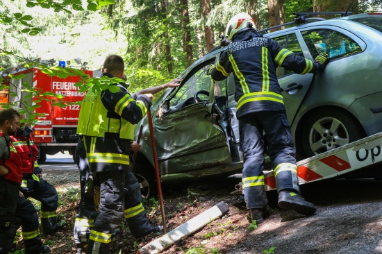 Personenrettung: Auto in einem Waldst�ck bei Natternbach gegen Baum gekracht