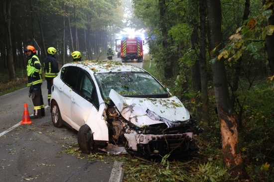 Auto gegen Baum: PKW-Lenker bei schwerem Verkehrsunfall in einem Waldst�ck in Krenglbach verletzt